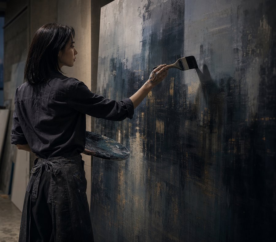 アトリエで大きな絵に筆を入れる Mio Arakawa